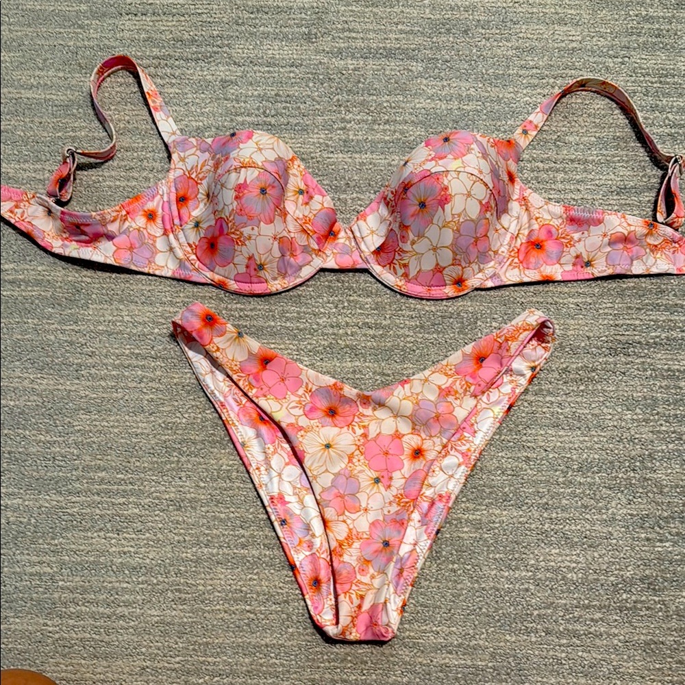 Pink hibiscus bikini top and bottom set